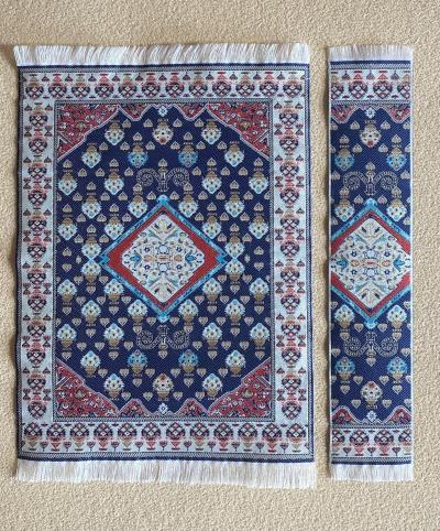 Cream Blue and Red Woven Carpet and Runner Set
