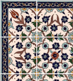Burgundy, Blue Tile Dollhouse Wallpaper W-F